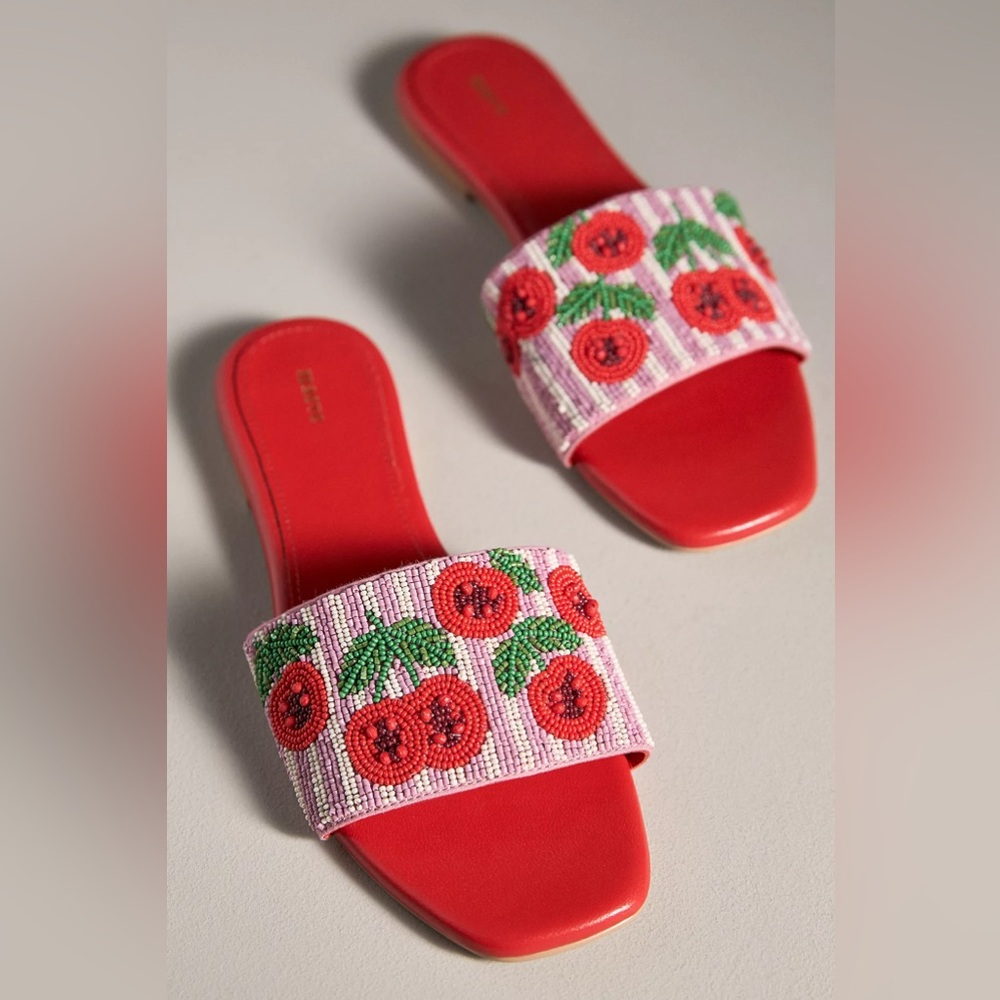 Anthropologie THE FIONA BEADED SLIDE SANDALS BY MAEVE Style 98154230 CHERRY